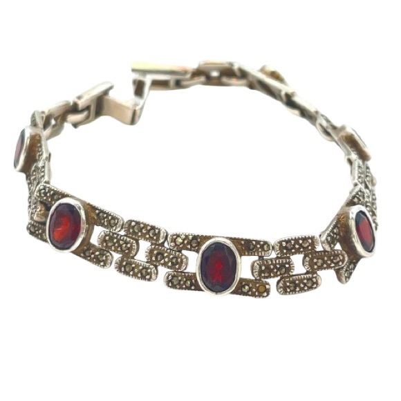 Silver Garnet & Marcasite Link Bracelet | Red Gemstones January Birthstone 925 - Picture 1 of 15